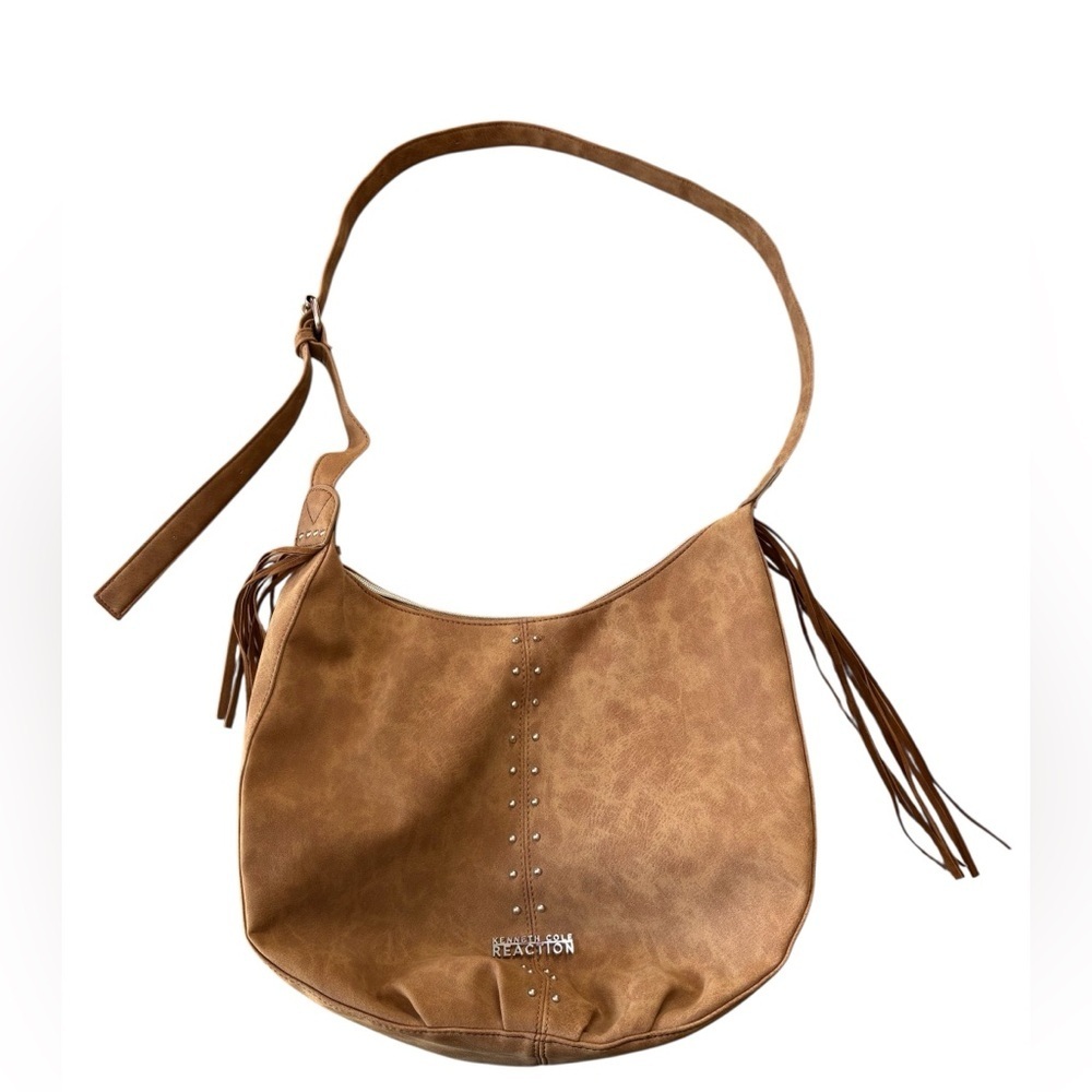 NEW,Kenneth Cole Reaction, Brown Hobo Bag Fringe Studded Shoulder Bag, Boho Chic - Picture 4 of 11